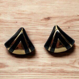 Vintage Avon Classic Drama Clip Earrings Black Enamel Gold‎ Tone 1984
